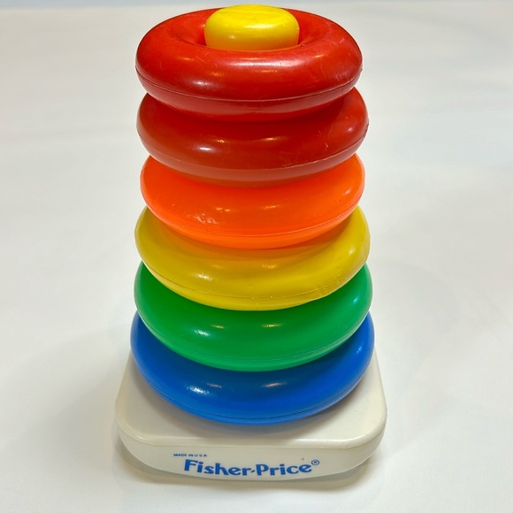 Vintage Fisher Price Stacking Rainbow Rings Baby Kids Toy Play Classic Colourful - Picture 1 of 5